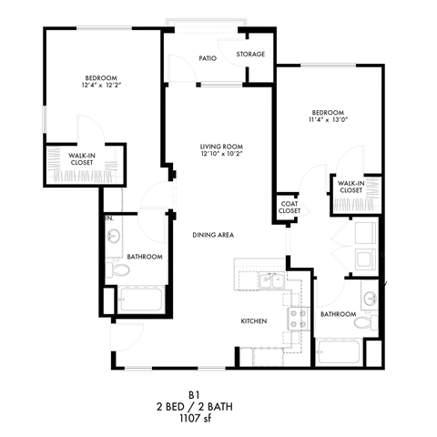 Floor plan for 2 beds, 2 baths, 1107 sqft
